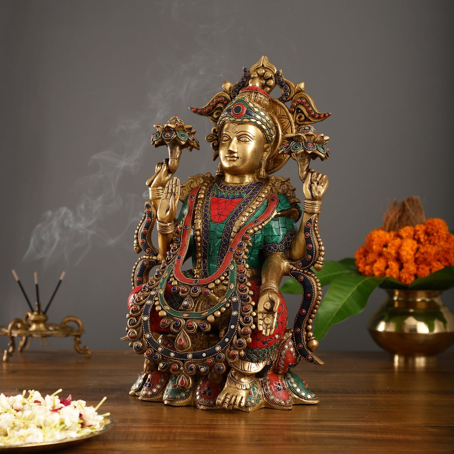 Brass Lakshmi Idol with Stonework 16 inch