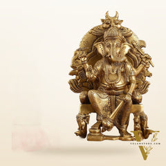 Brass Lal Baug Ka Raja Ganapati Idol Seated on Throne - 10.5 Inch