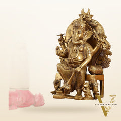 Brass Lal Baug Ka Raja Ganapati Idol Seated on Throne - 10.5 Inch