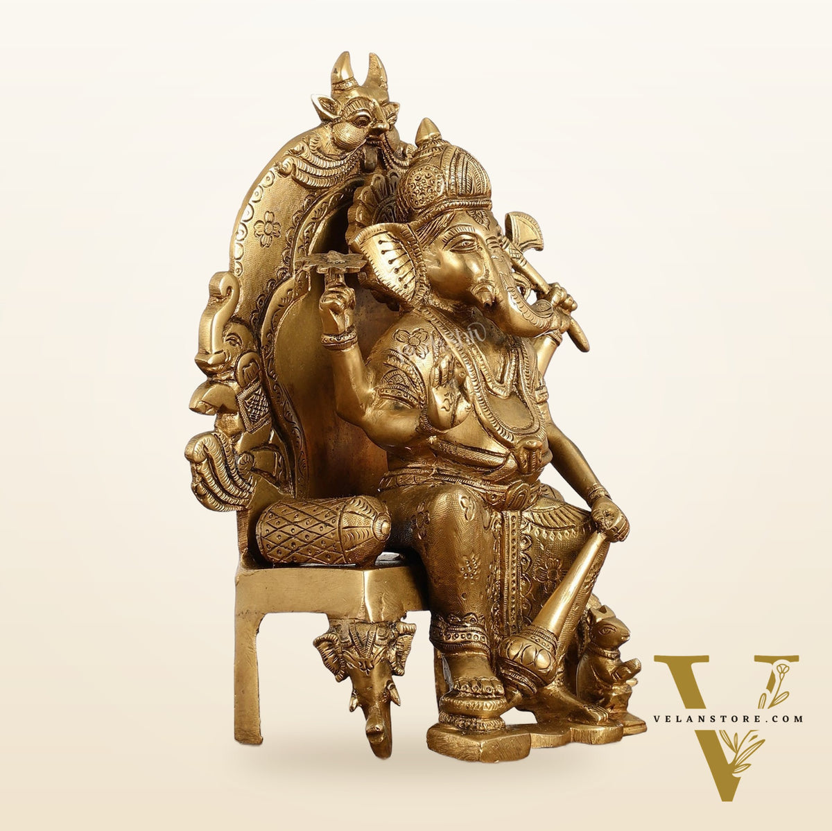 Brass Lal Baug Ka Raja Ganapati Idol Seated on Throne - 10.5 Inch