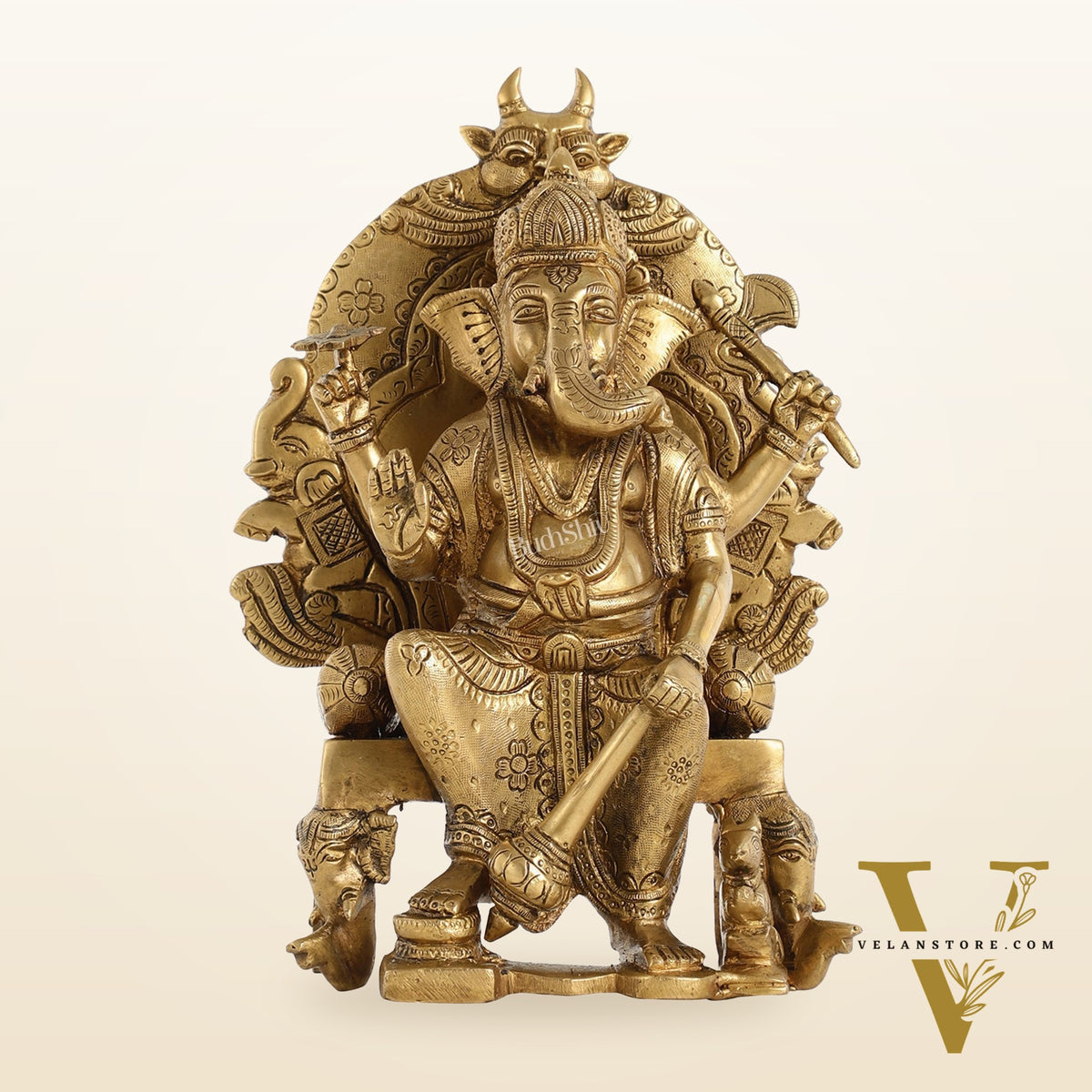 Brass Lal Baug Ka Raja Ganapati Idol Seated on Throne - 10.5 Inch