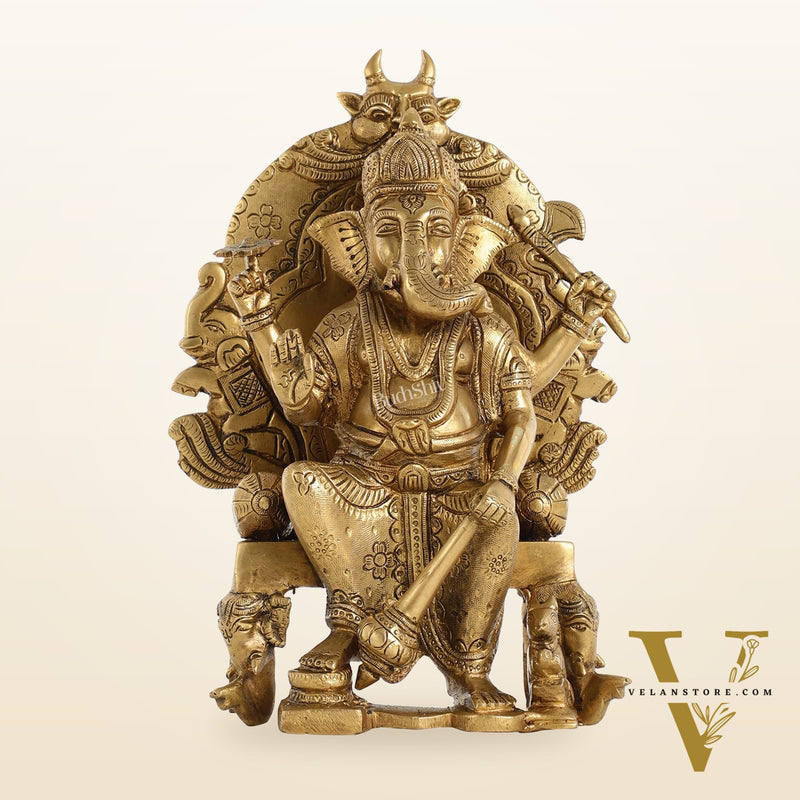 Brass Lal Baug Ka Raja Ganapati Idol Seated on Throne - 10.5 Inch