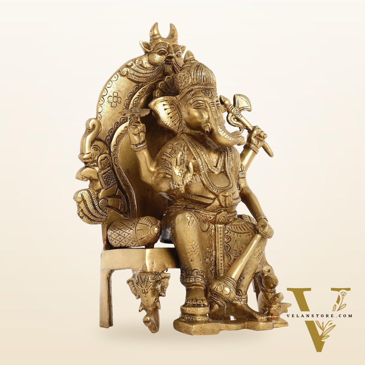 Brass Lal Baug Ka Raja Ganapati Idol Seated on Throne - 10.5 Inch