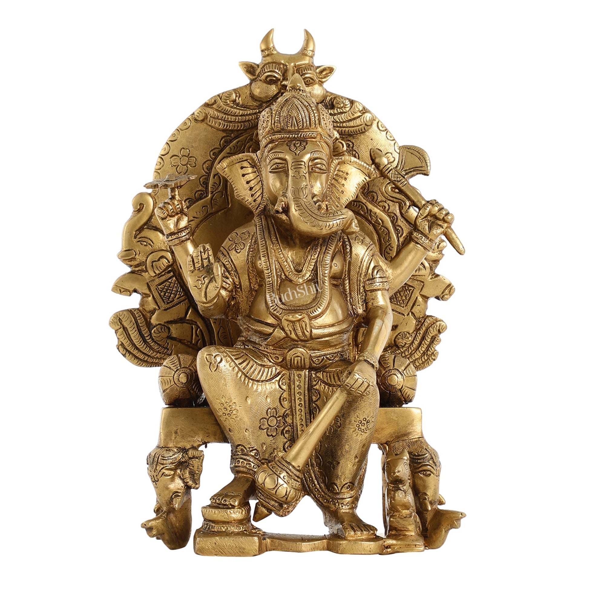 Brass Lal Baug Ka Raja Ganapati Idol Seated on Throne - 10.5 Inch
