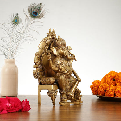Brass Lal Baug Ka Raja Ganapati Idol Seated on Throne - 10.5 Inch