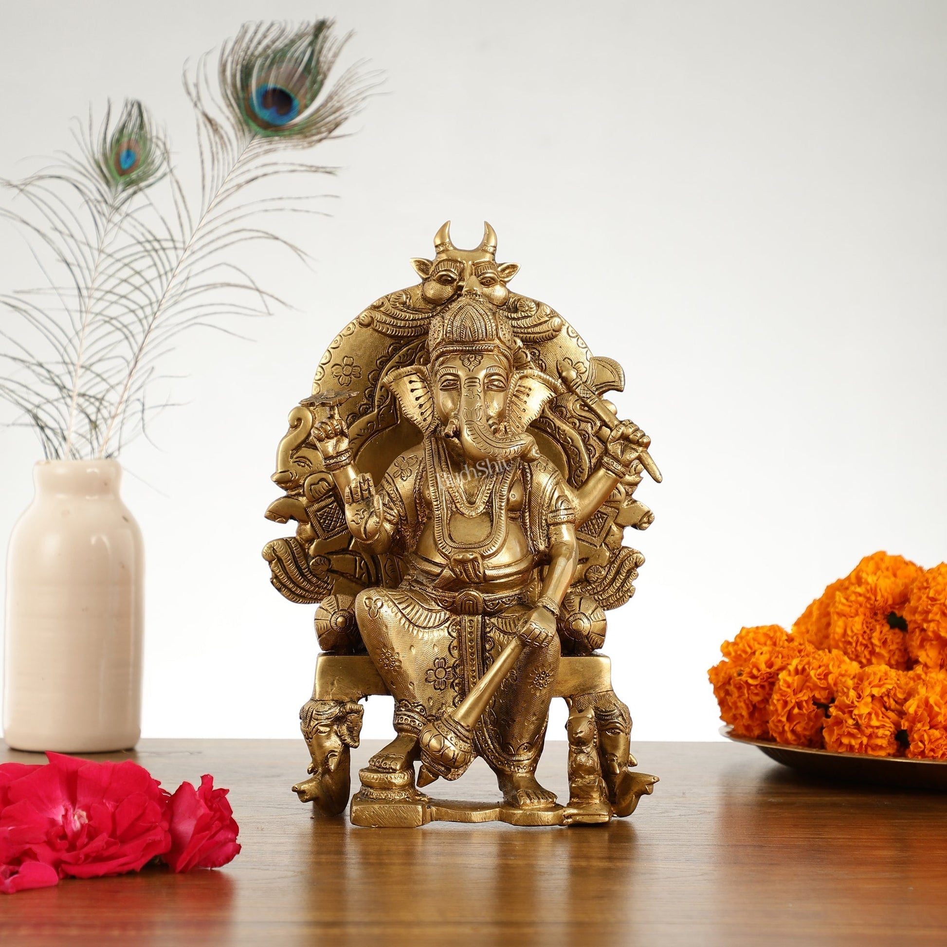 Brass Lal Baug Ka Raja Ganapati Idol Seated on Throne - 10.5 Inch