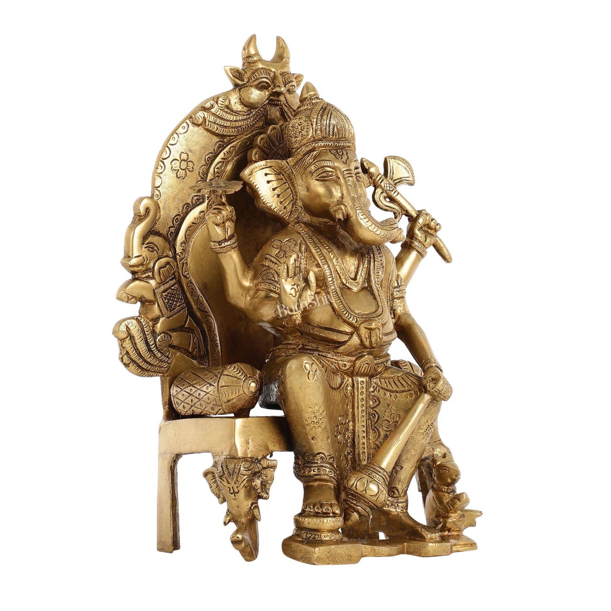 Brass Lal Baug Ka Raja Ganapati Idol Seated on Throne - 10.5 Inch