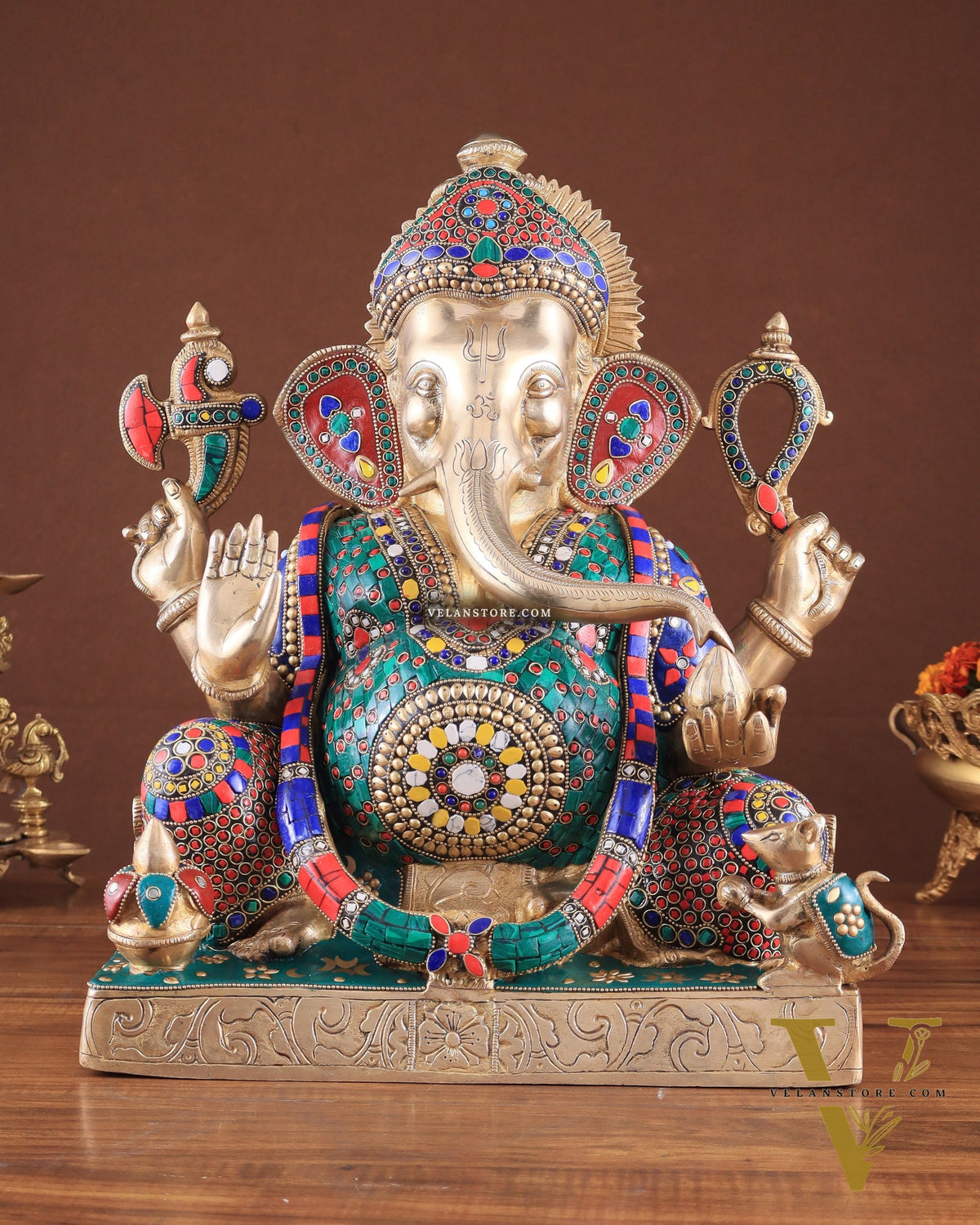 Brass Large 18-Inch Lord Ganesha Statue with Meenakari Stonework