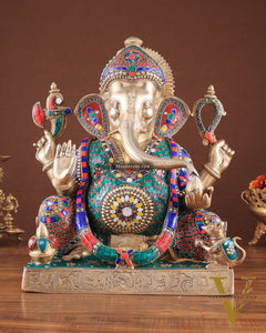 Brass Large 18-Inch Lord Ganesha Statue with Meenakari Stonework