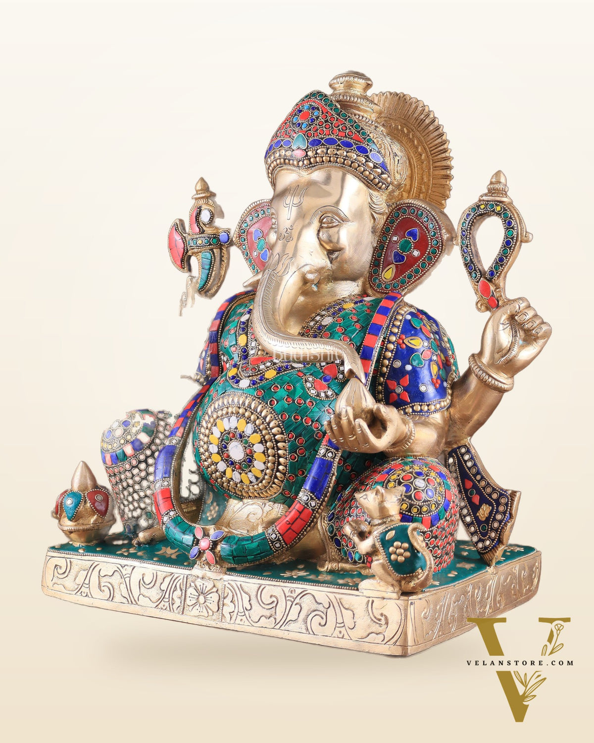 Brass Large 18-Inch Lord Ganesha Statue with Meenakari Stonework