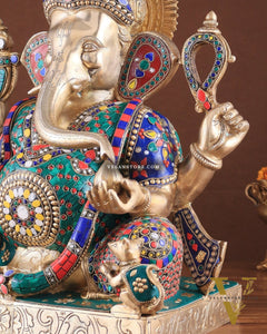 Brass Large 18-Inch Lord Ganesha Statue with Meenakari Stonework
