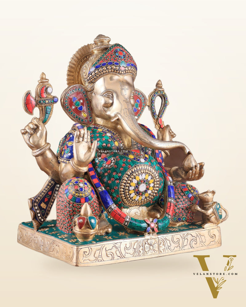 Brass Large 18-Inch Lord Ganesha Statue with Meenakari Stonework