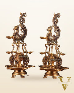 Brass Large Annampakshi Diya Samai Oil Lamps pair  – Multiple Wicks 18 inch