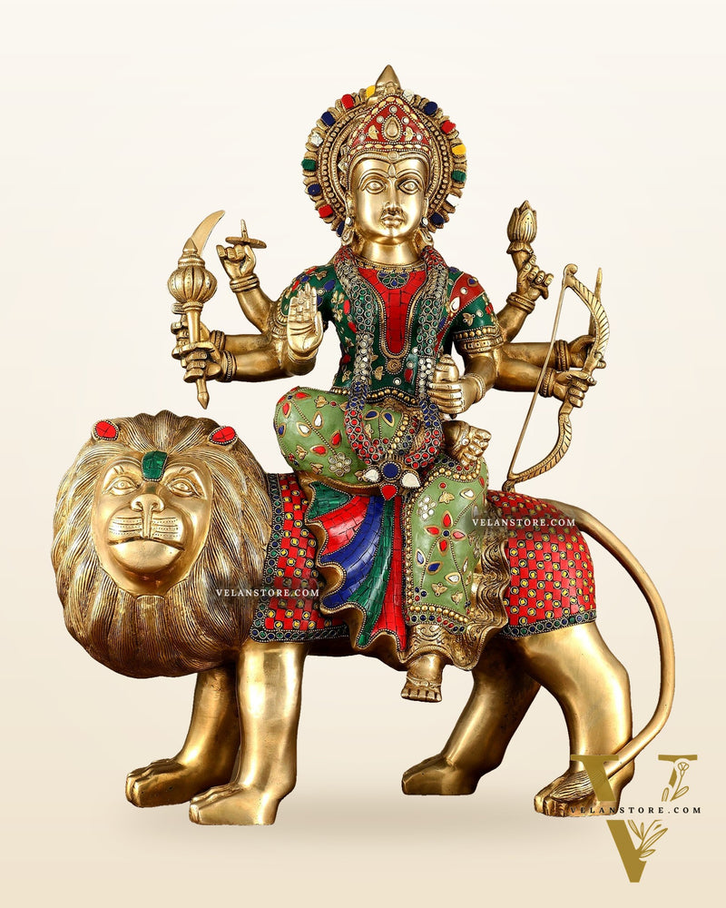 Brass large Durga ma ambe Statue – 24 Inches, Meenakari Stonework