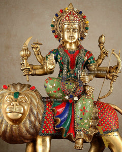 Brass large Durga ma ambe Statue – 24 Inches, Meenakari Stonework