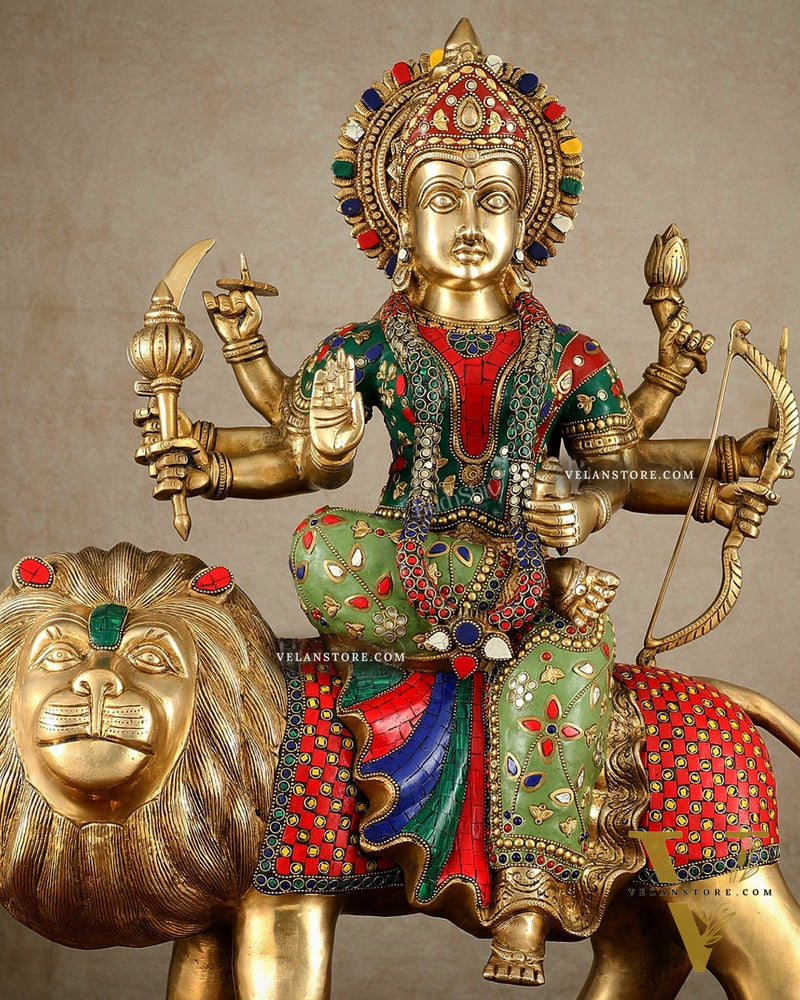 Brass large Durga ma ambe Statue – 24 Inches, Meenakari Stonework