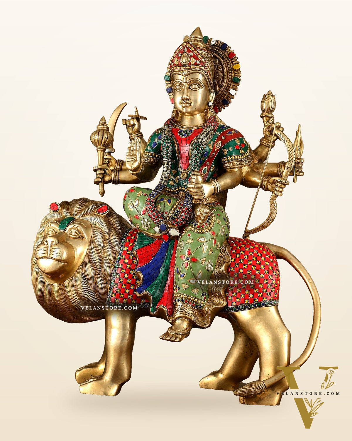 Brass large Durga ma ambe Statue – 24 Inches, Meenakari Stonework
