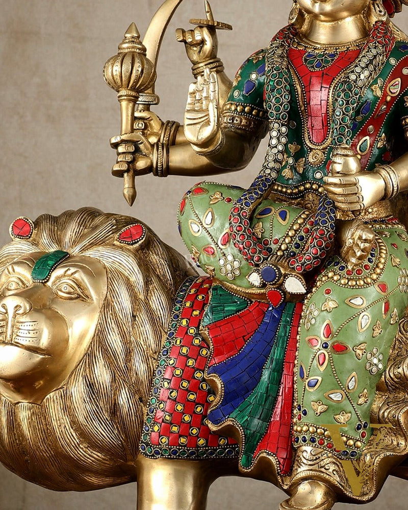 Brass large Durga ma ambe Statue – 24 Inches, Meenakari Stonework