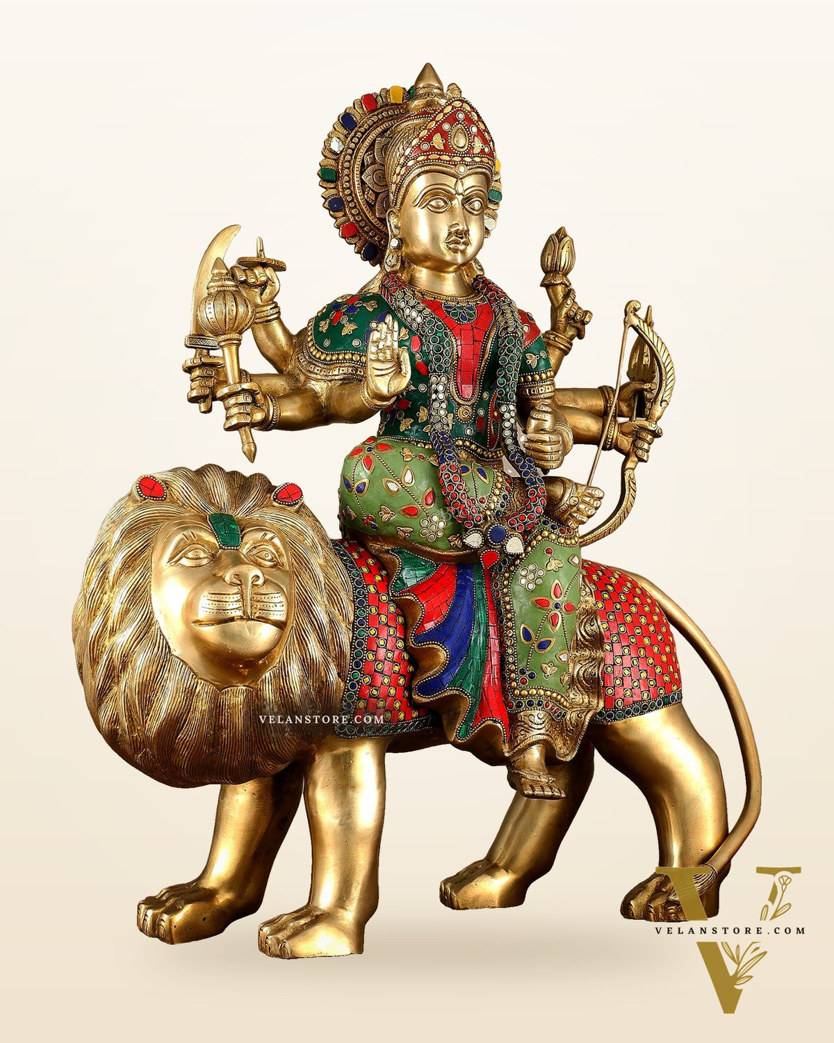Brass large Durga ma ambe Statue – 24 Inches, Meenakari Stonework