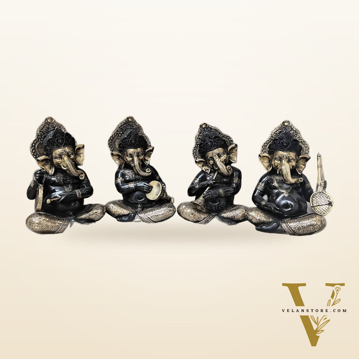 Brass Large Ganesha Music Set idols 12 inch Showpieces