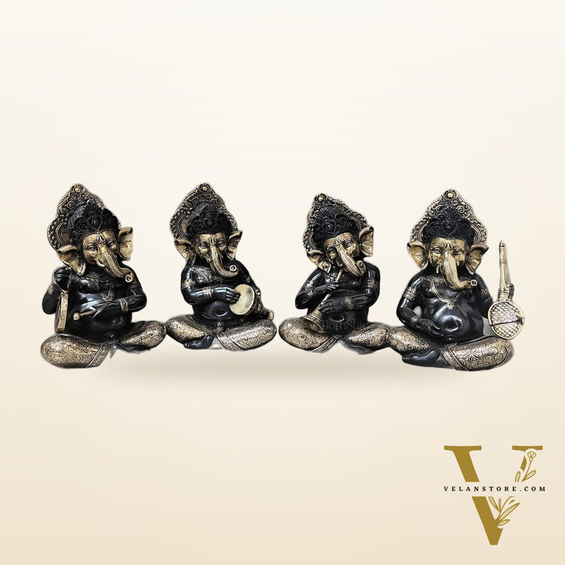 Brass Large Ganesha Music Set idols 12 inch Showpieces