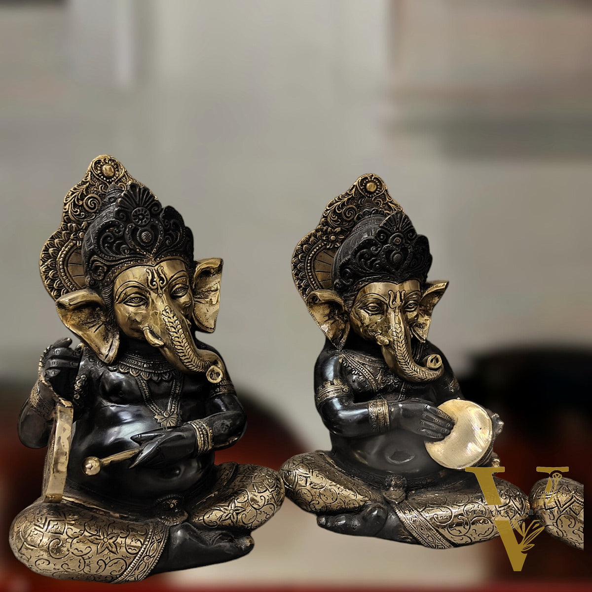 Brass Large Ganesha Music Set idols 12 inch Showpieces