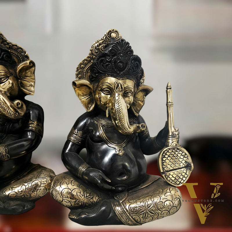 Brass Large Ganesha Music Set idols 12 inch Showpieces