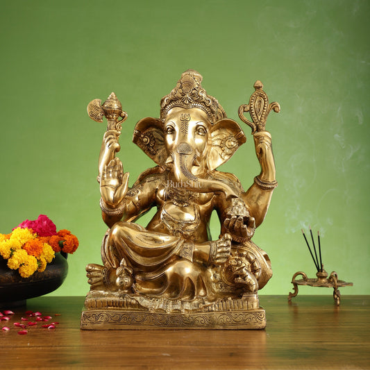 Brass Large Ganesha Statue - 18x14x8.5 Inch