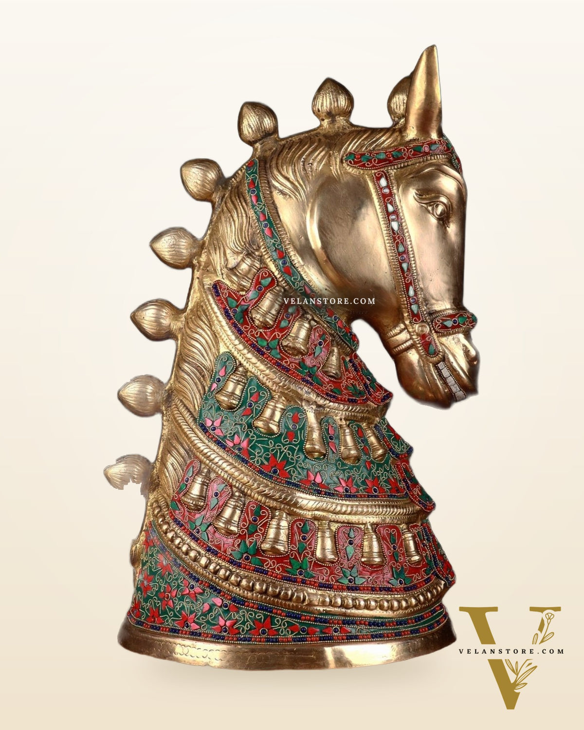 Brass Large Horse Head Showpiece with Natural Stones – 21.5”