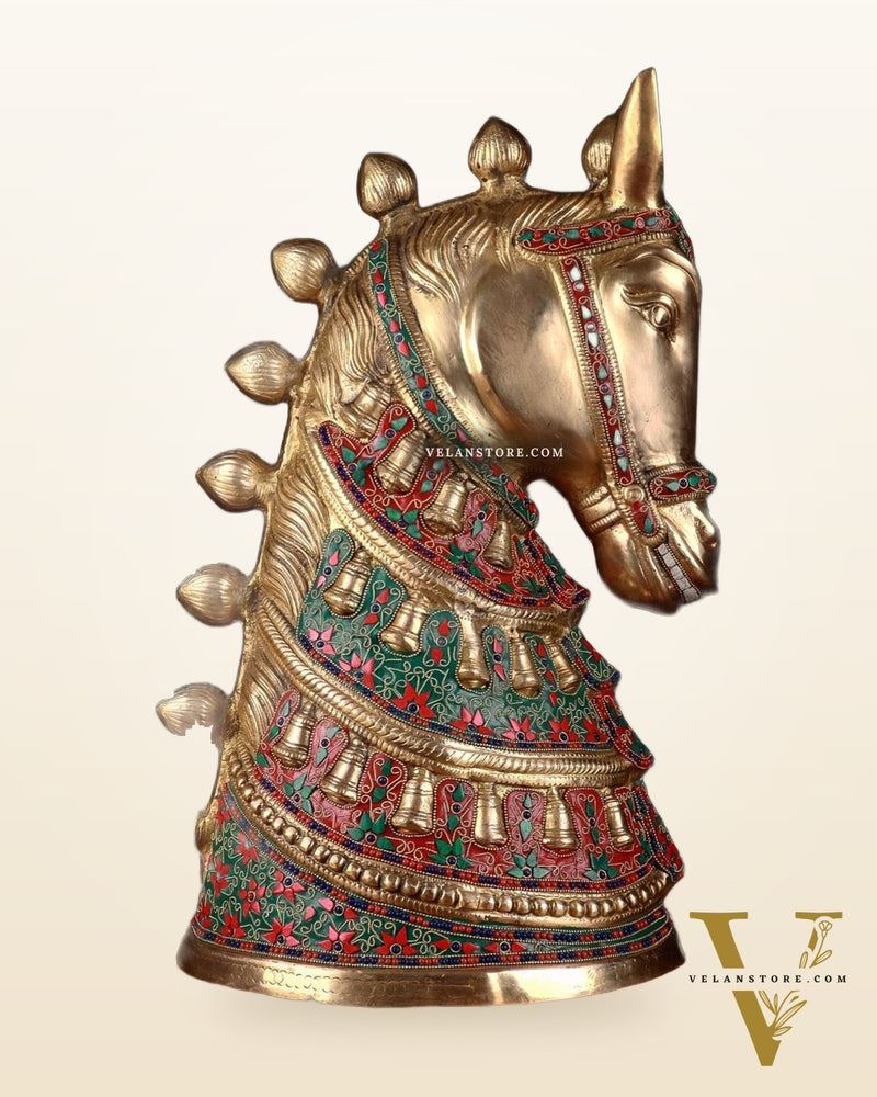 Brass Large Horse Head Showpiece with Natural Stones – 21.5”