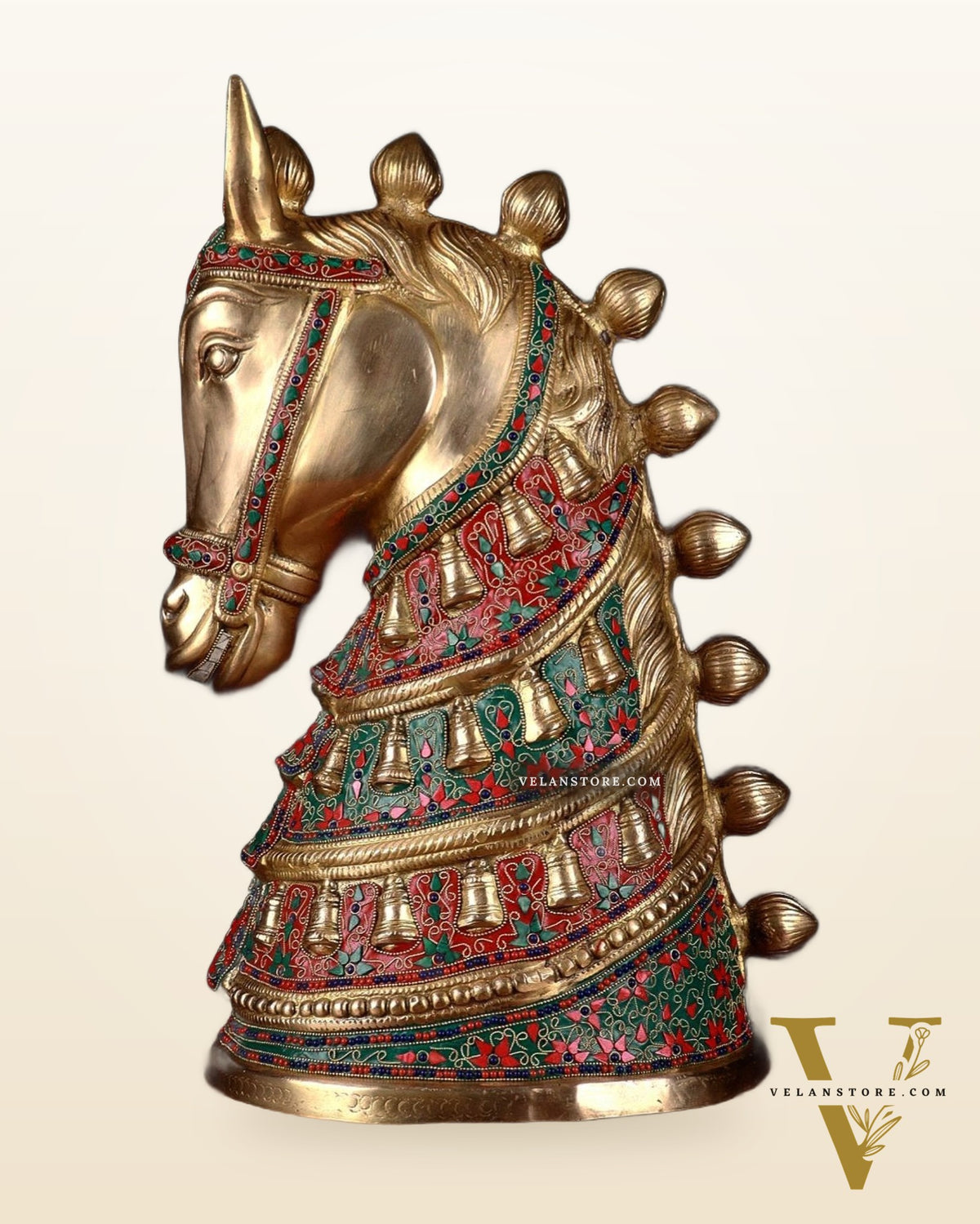 Brass Large Horse Head Showpiece with Natural Stones – 21.5”