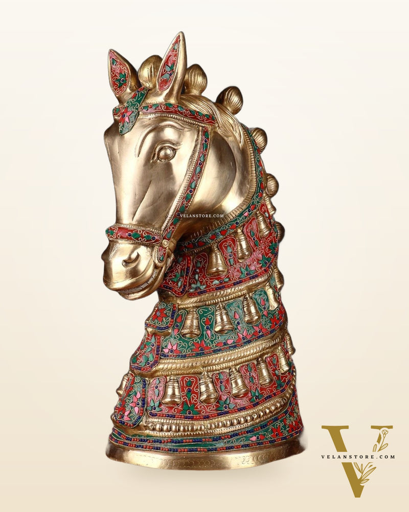 Brass Large Horse Head Showpiece with Natural Stones – 21.5”