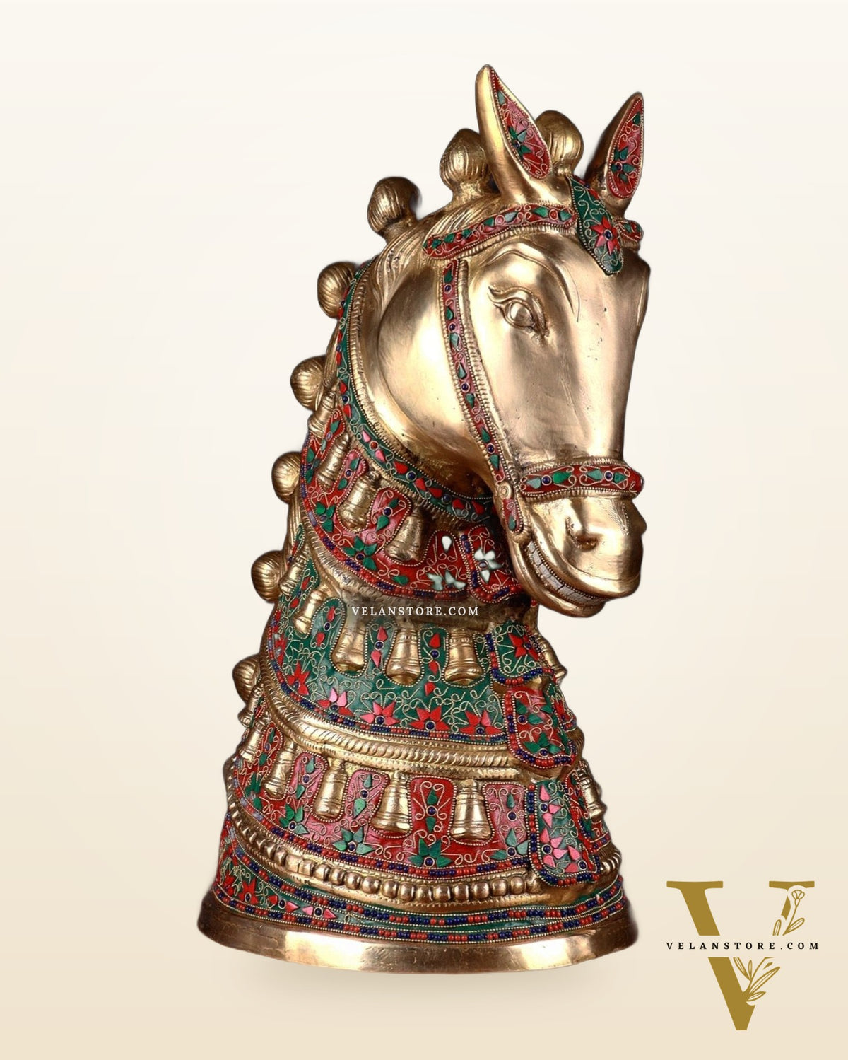 Brass Large Horse Head Showpiece with Natural Stones – 21.5”