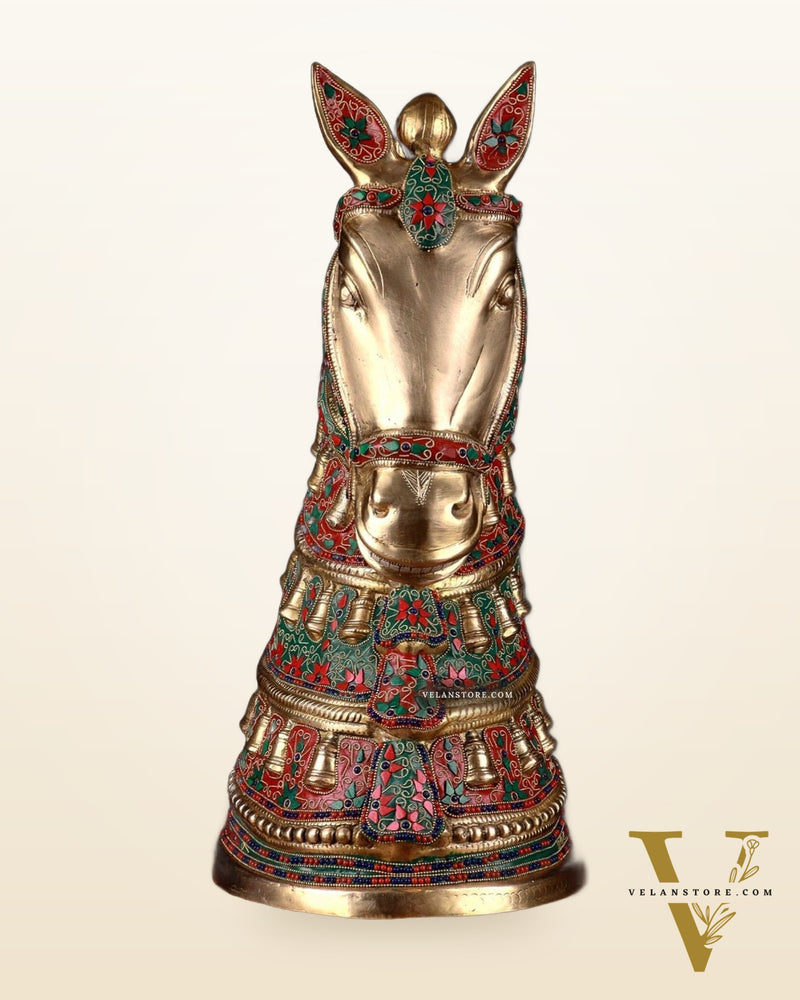 Brass Large Horse Head Showpiece with Natural Stones – 21.5”