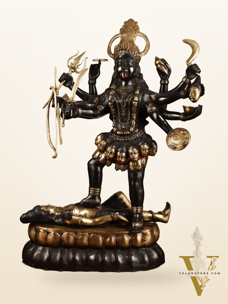 Brass Large Kali Mata Sculpture Black Edition | 33x18x9 Inch