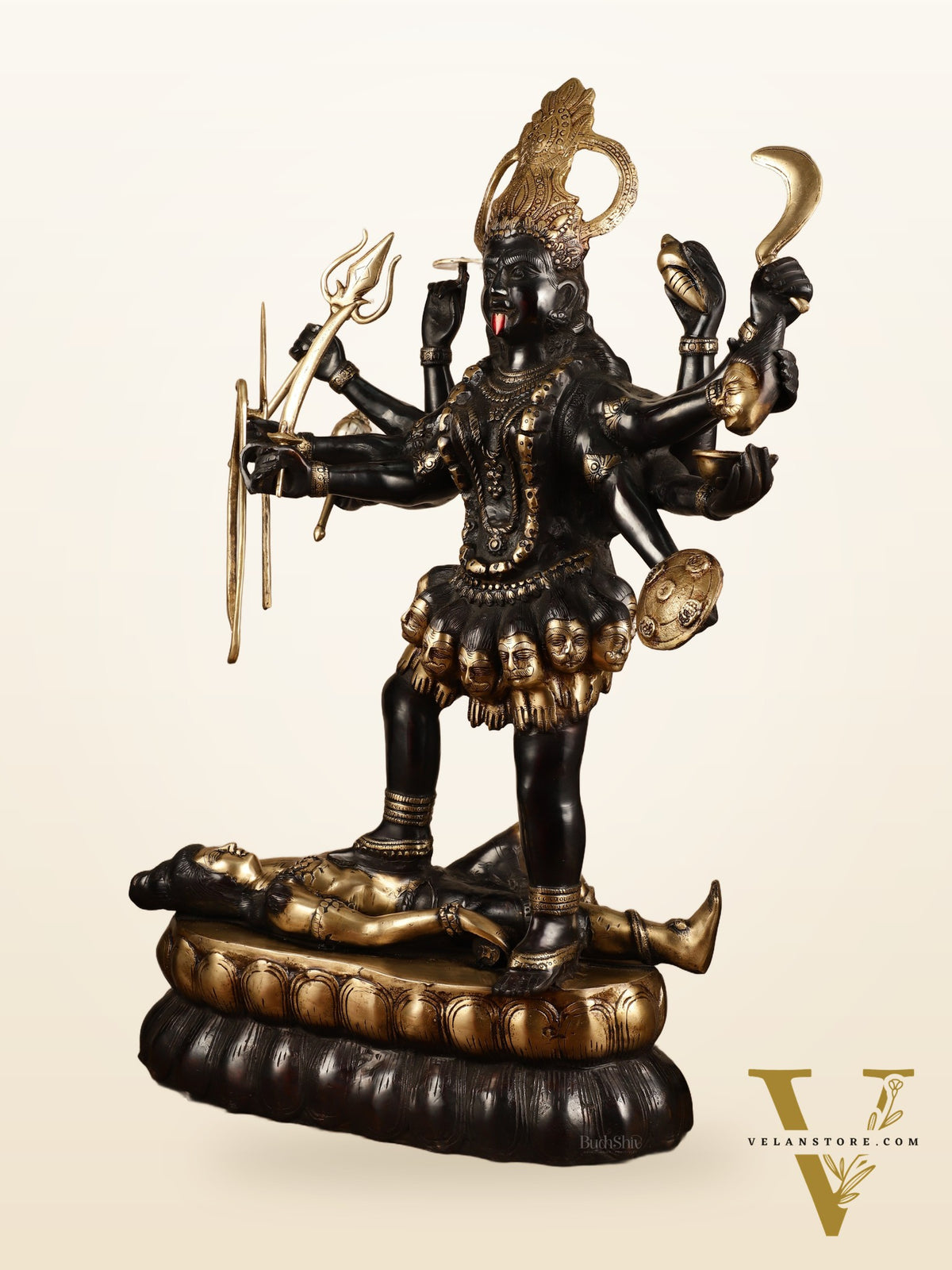Brass Large Kali Mata Sculpture Black Edition | 33x18x9 Inch