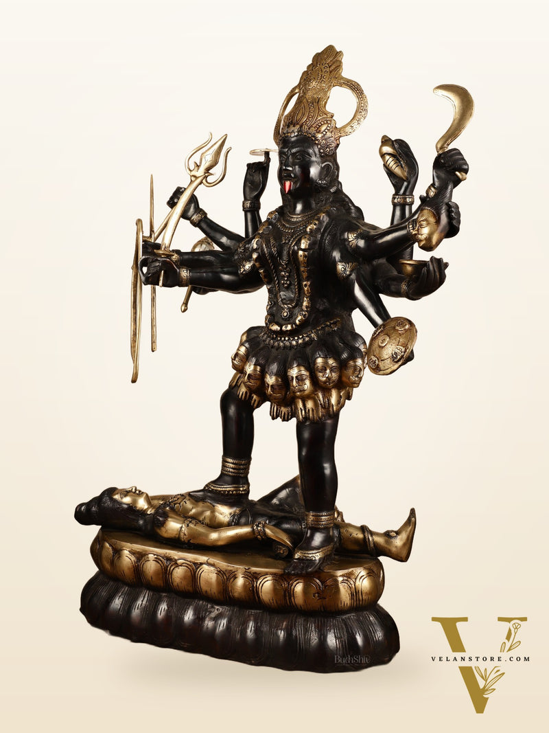Brass Large Kali Mata Sculpture Black Edition | 33x18x9 Inch