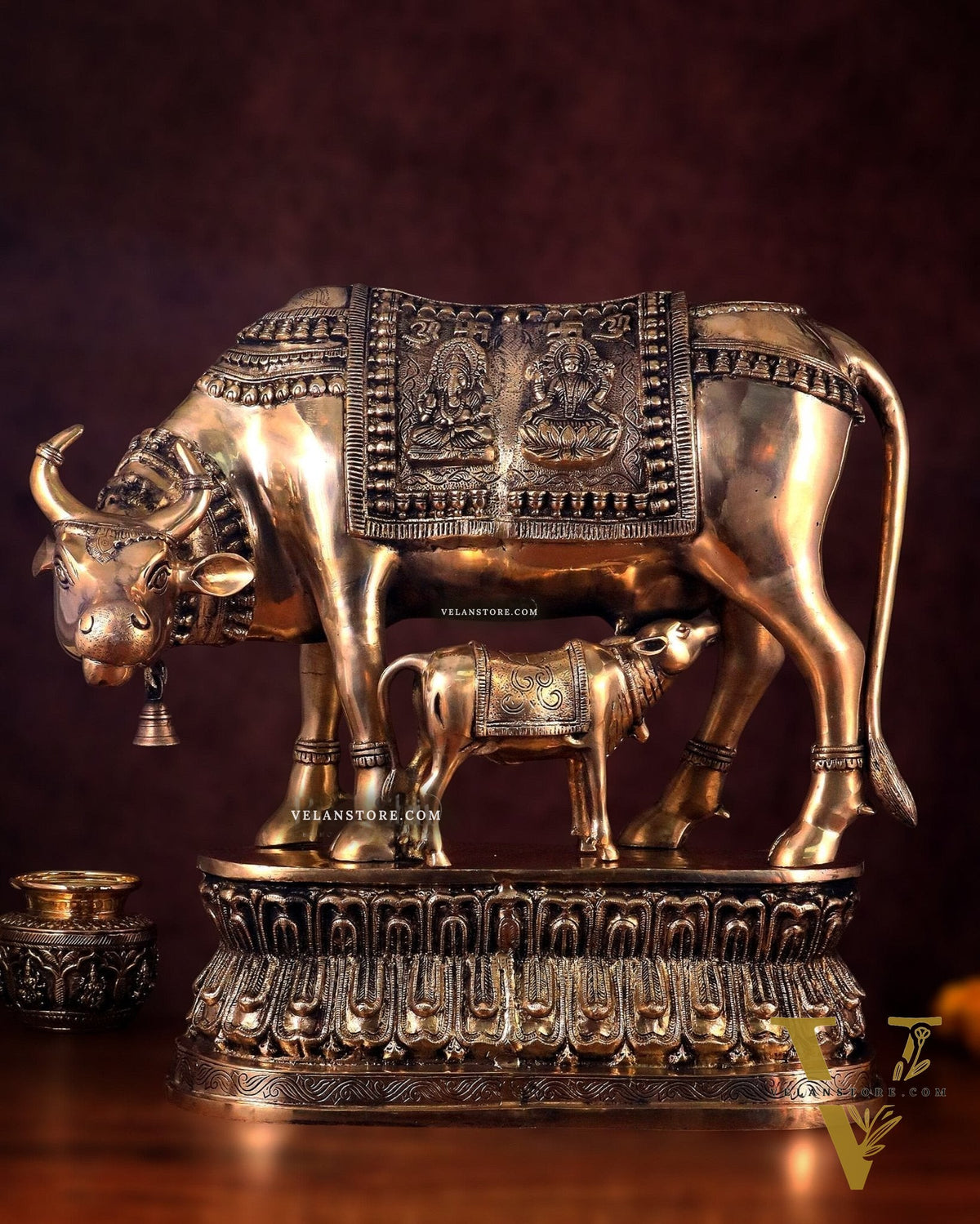 Brass Large Kamadhenu Cow with Calf Idol - 22 Inch Antique Charm