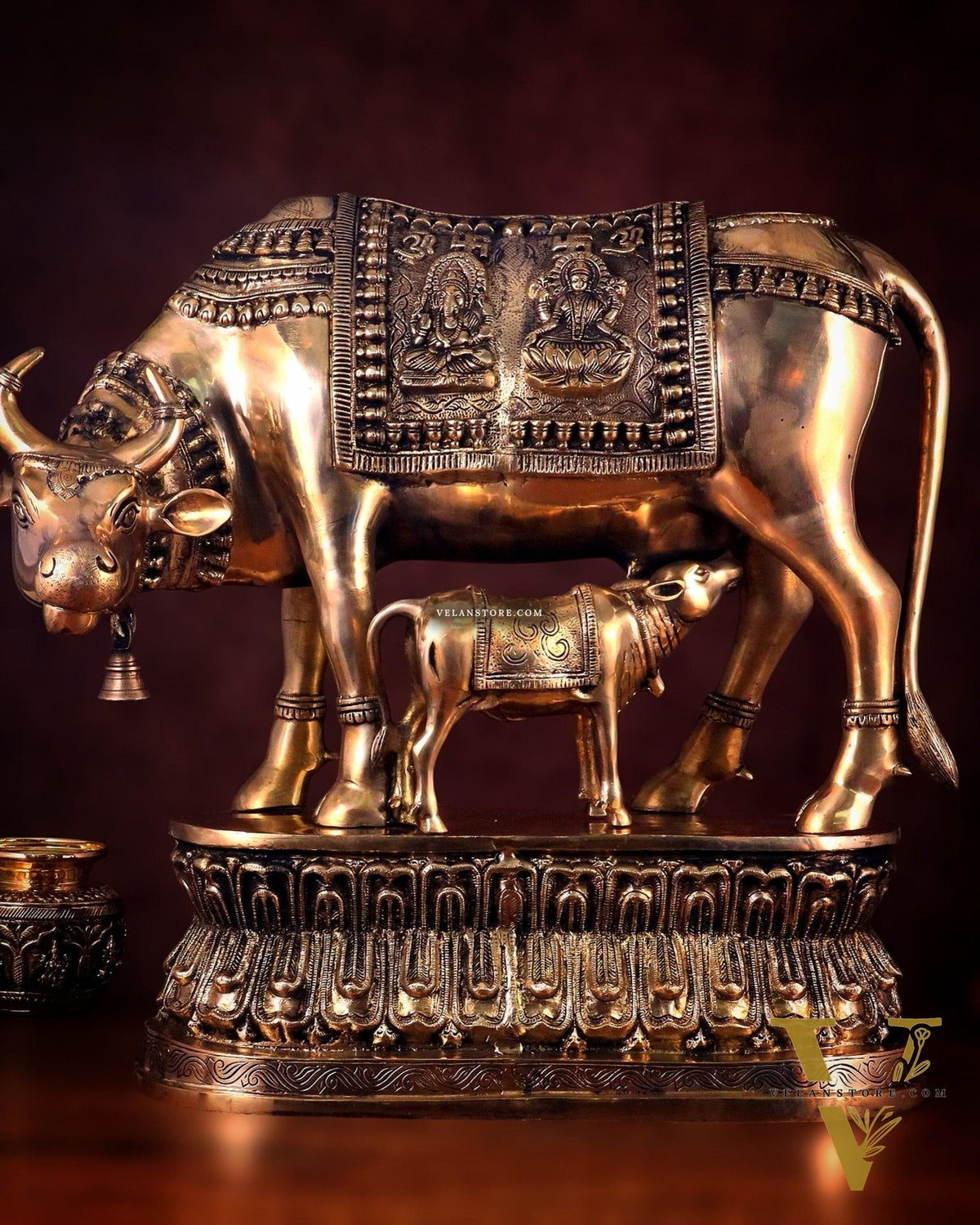 Brass Large Kamadhenu Cow with Calf Idol - 22 Inch Antique Charm