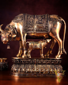 Brass Large Kamadhenu Cow with Calf Idol - 22 Inch Antique Charm