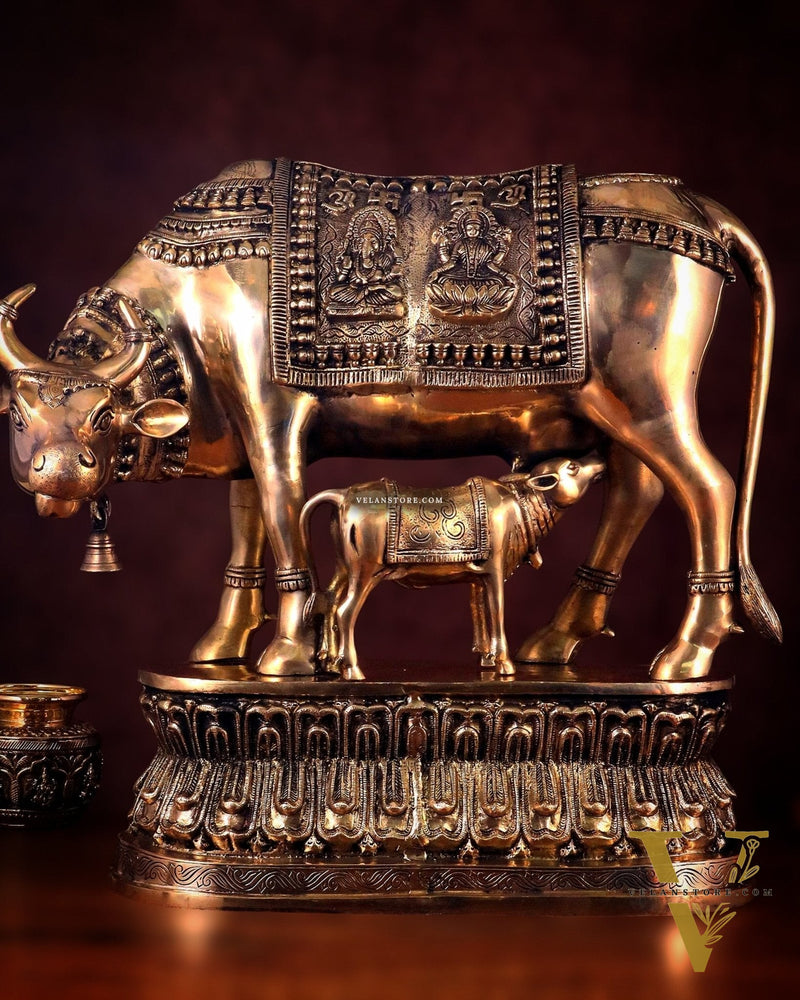 Brass Large Kamadhenu Cow with Calf Idol - 22 Inch Antique Charm