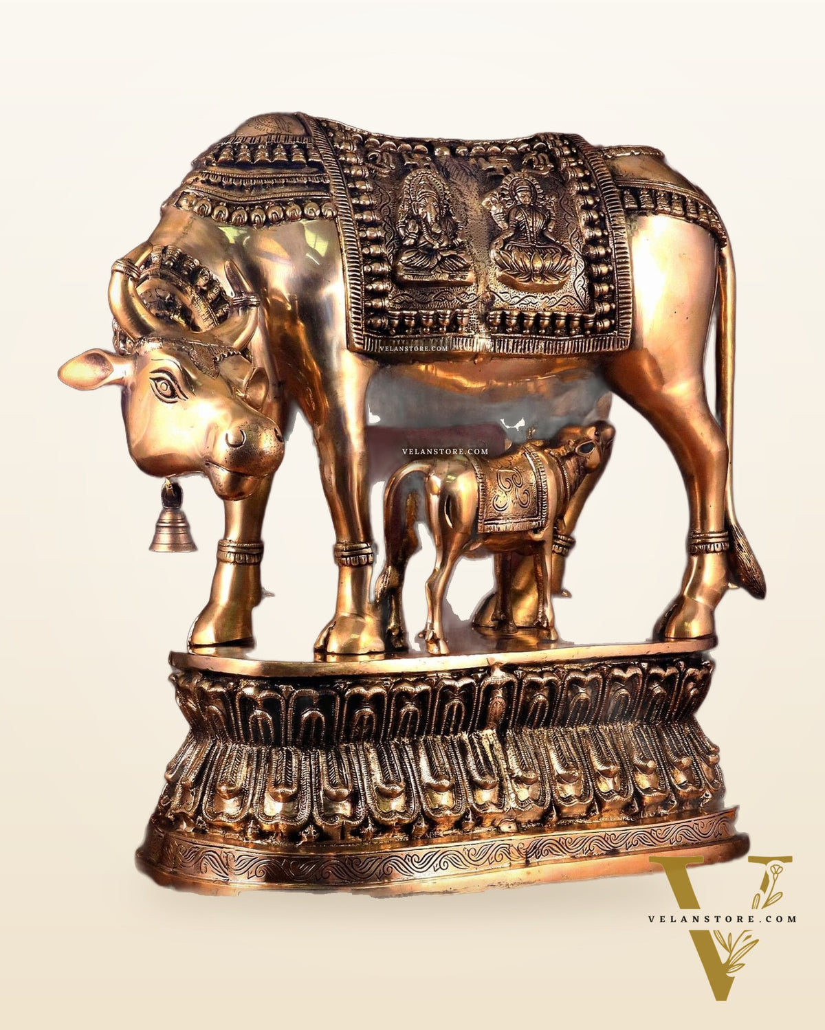 Brass Large Kamadhenu Cow with Calf Idol - 22 Inch Antique Charm