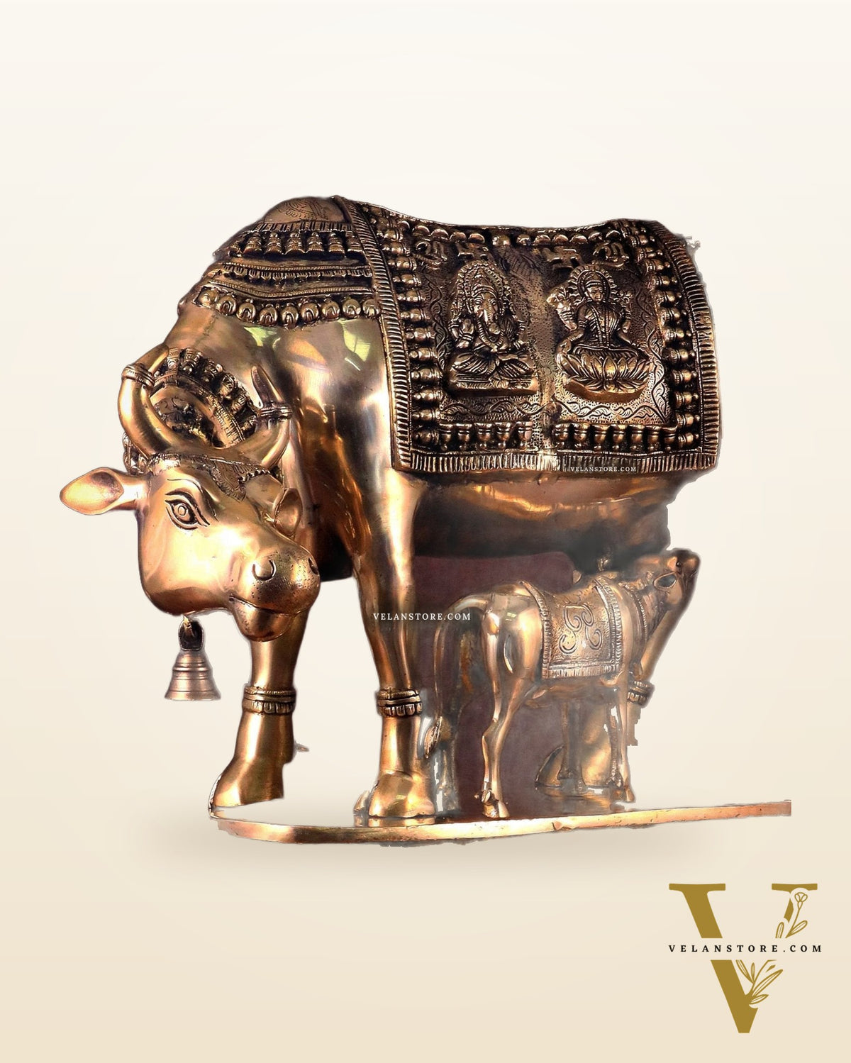 Brass Large Kamadhenu Cow with Calf Idol - 22 Inch Antique Charm