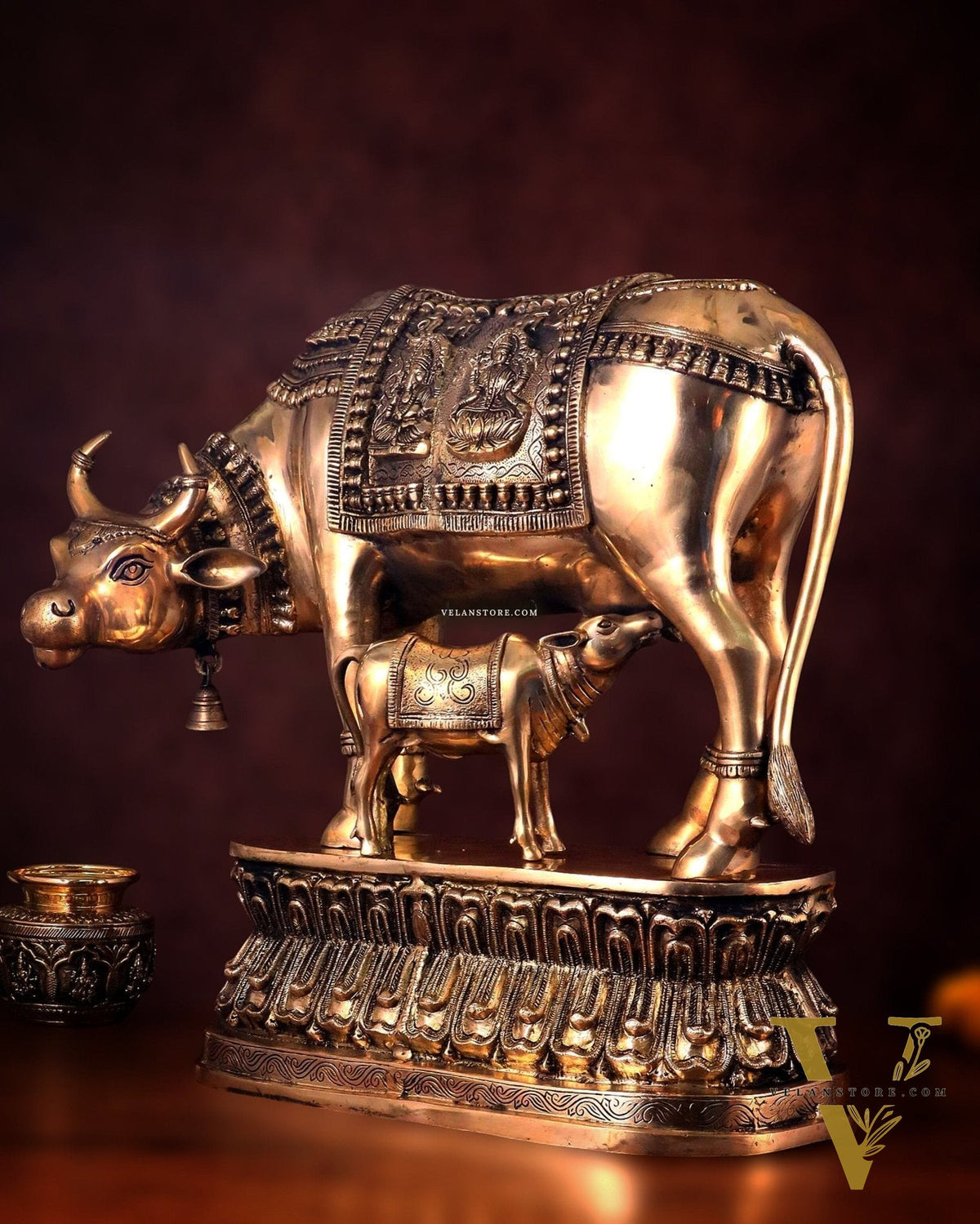 Brass Large Kamadhenu Cow with Calf Idol - 22 Inch Antique Charm