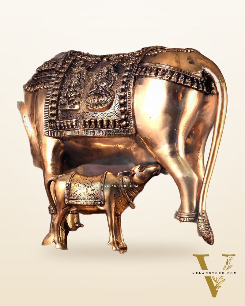 Brass Large Kamadhenu Cow with Calf Idol - 22 Inch Antique Charm