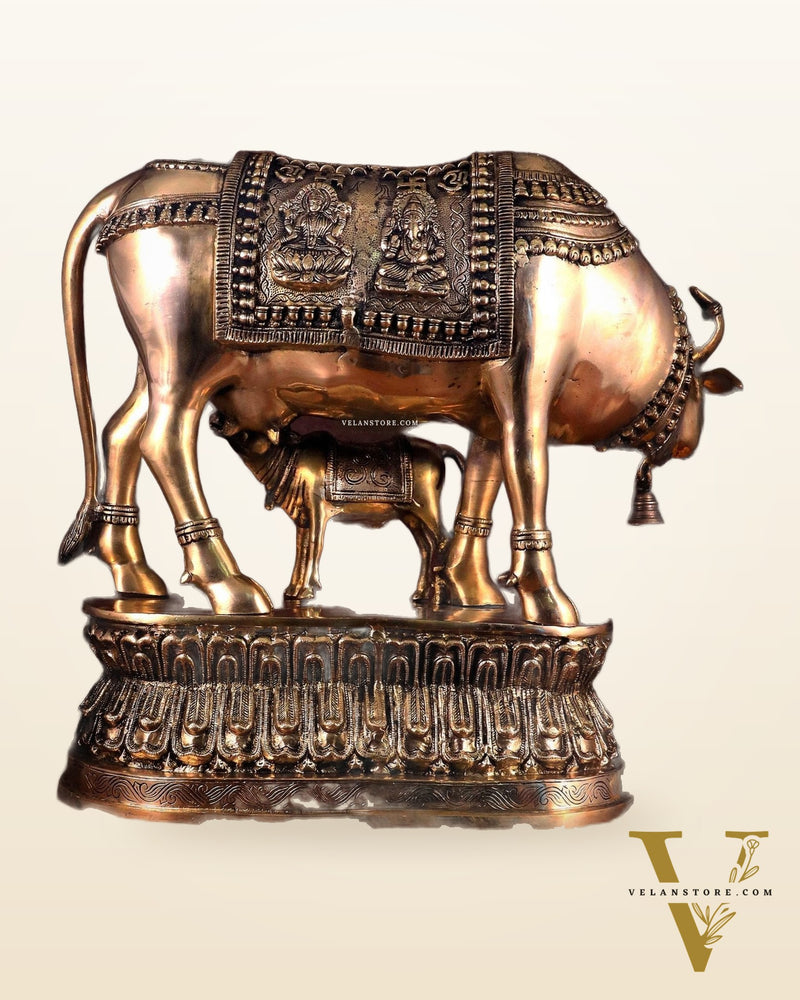 Brass Large Kamadhenu Cow with Calf Idol - 22 Inch Antique Charm