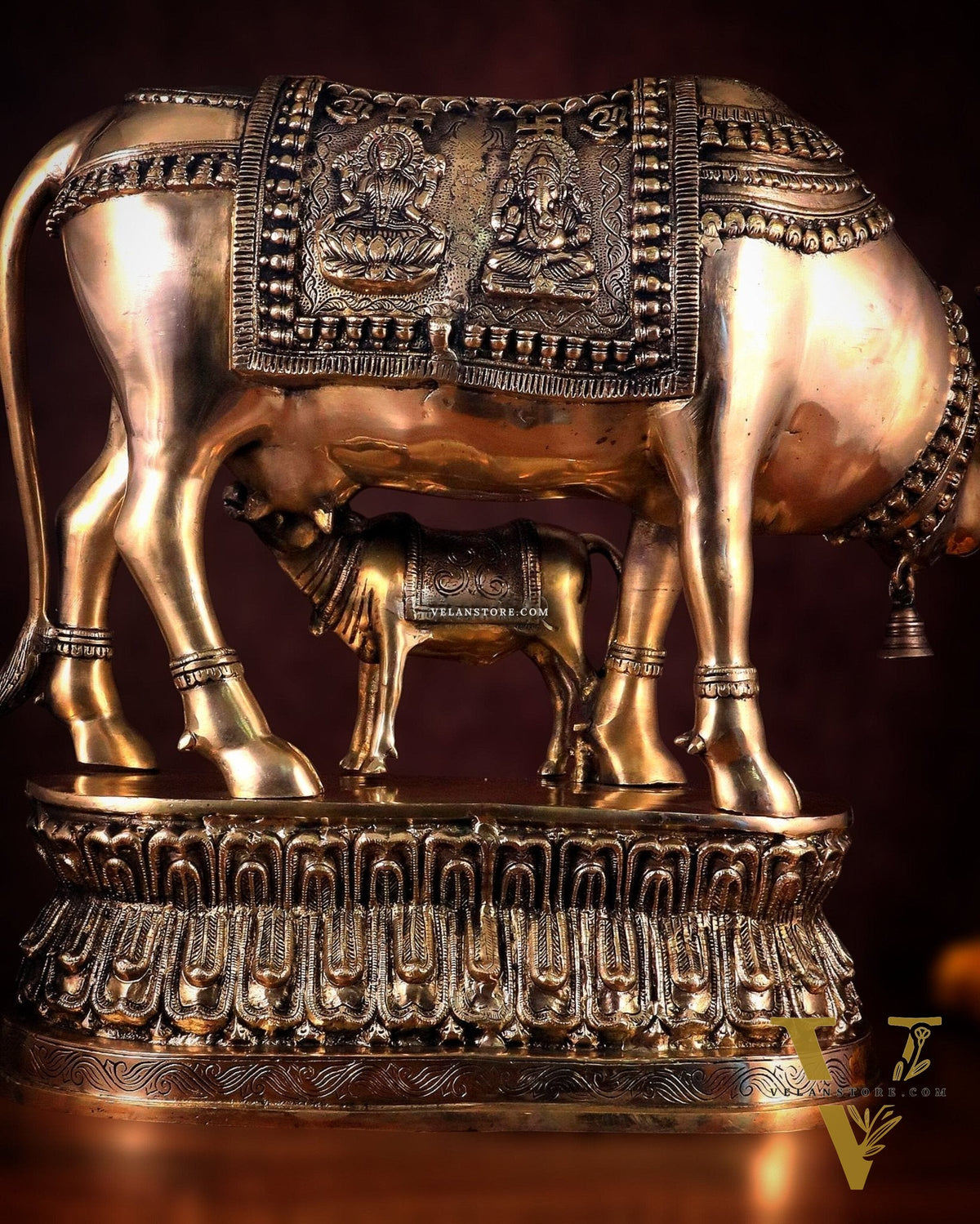 Brass Large Kamadhenu Cow with Calf Idol - 22 Inch Antique Charm