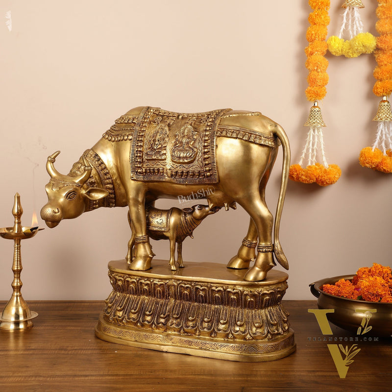 Brass Large Kamdhenu Cow with Calf Idol - 22 Inch