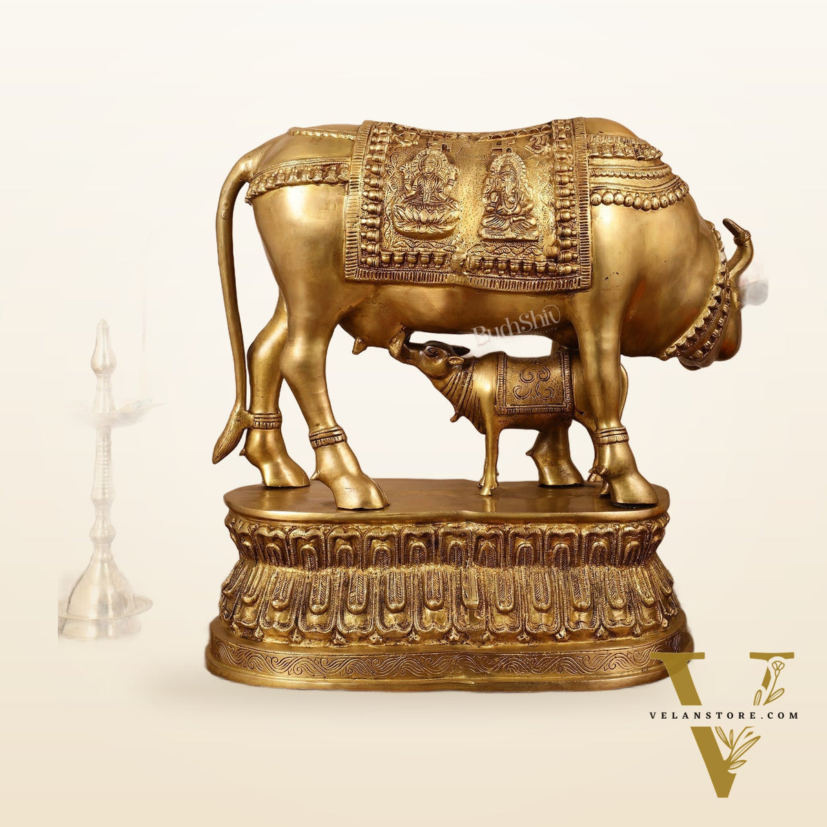 Brass Large Kamdhenu Cow with Calf Idol - 22 Inch