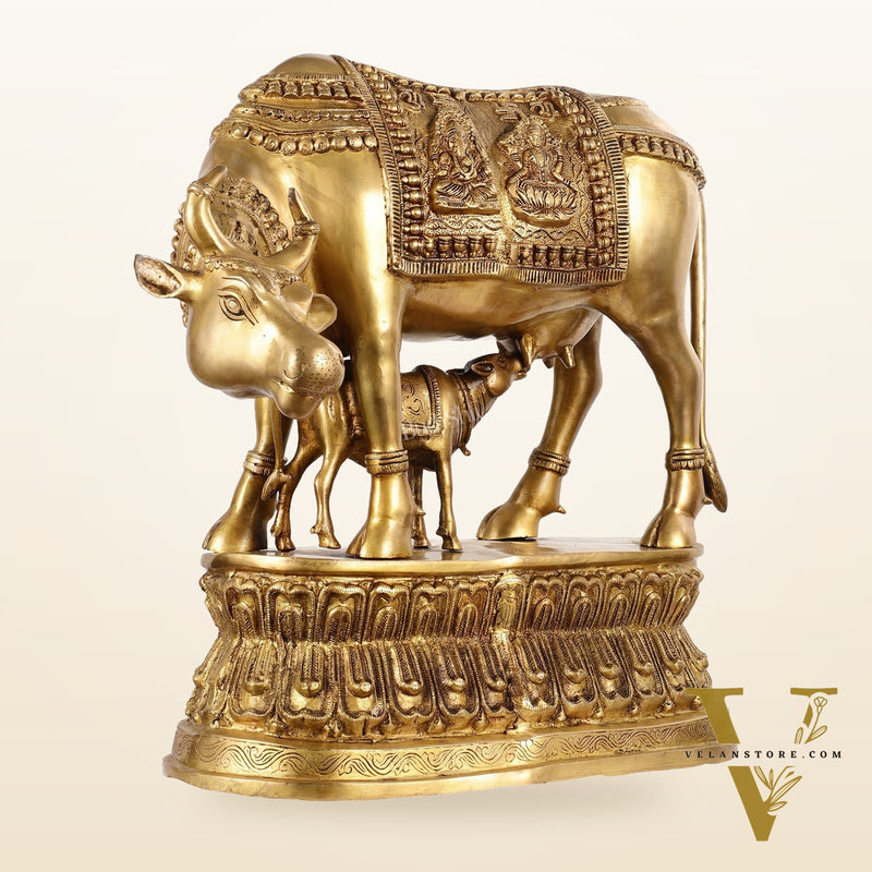 Brass Large Kamdhenu Cow with Calf Idol - 22 Inch
